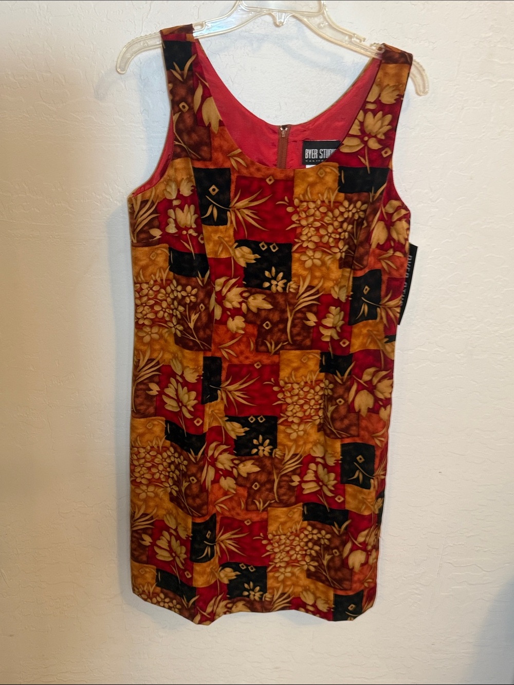 Byer California Patchwork Floral Midi Dress in Red, Gold & Black vintage